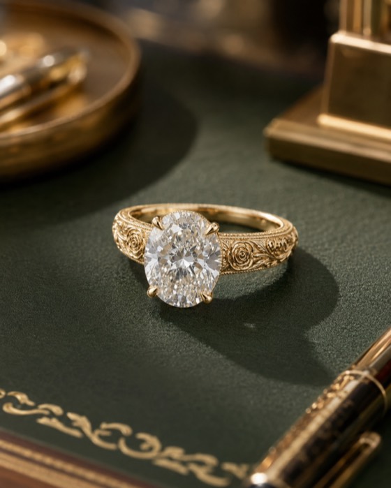 La Rosa — a hand-engraved 18K yellow gold engagement ring with rose and vine motifs