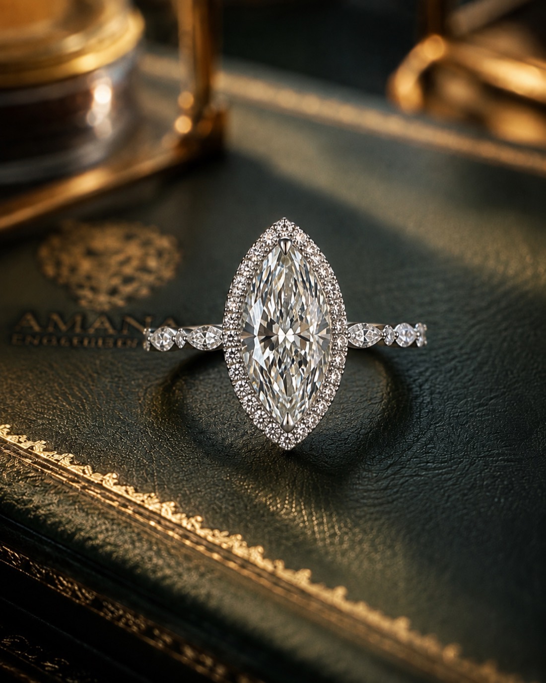 The Maris — a 2.5 carat marquise diamond with a delicate halo and dash-dot diamond band in 14K white gold