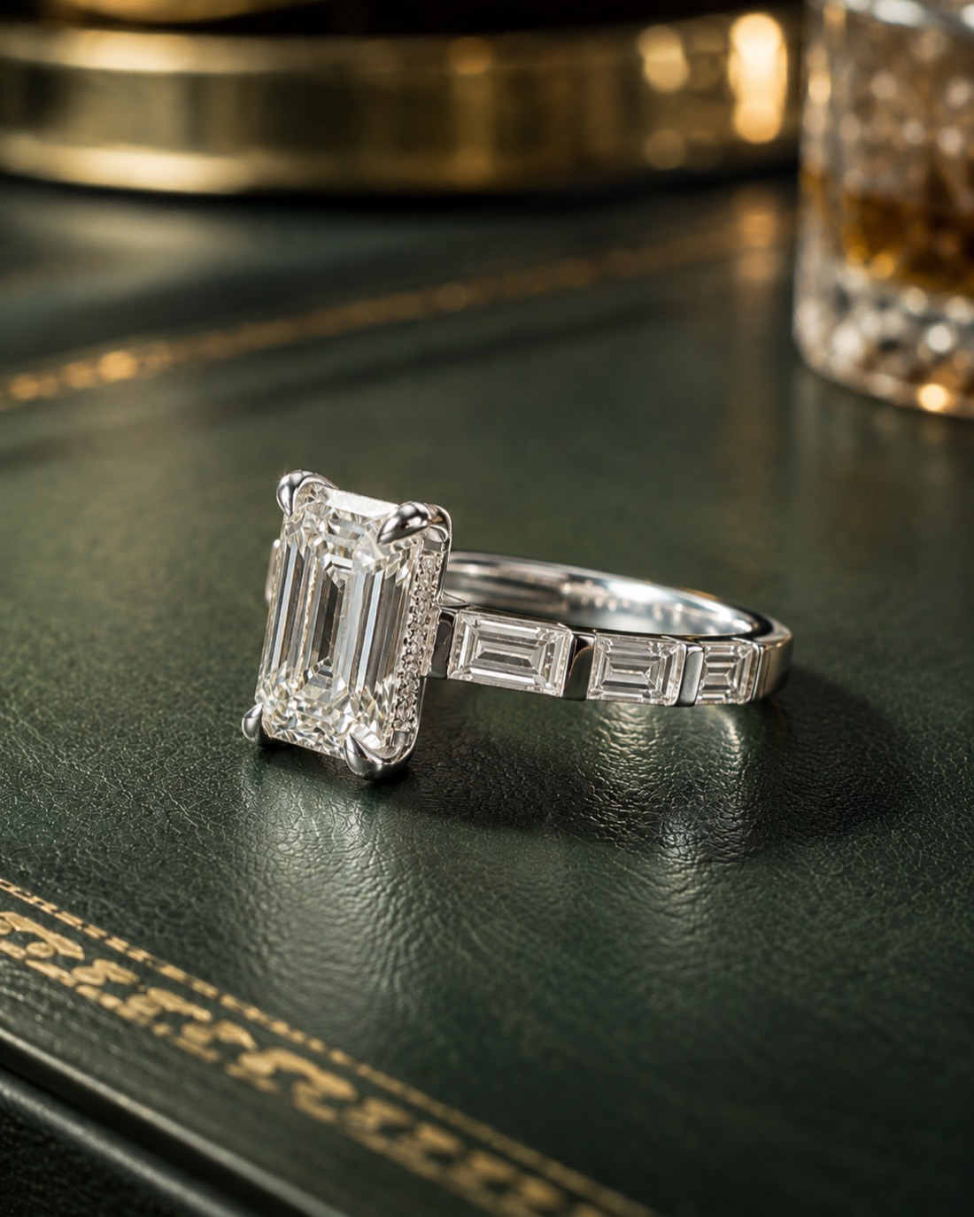 The Regent, a platinum emerald cut with a baguette diamond band — designed by Amana Engagement
