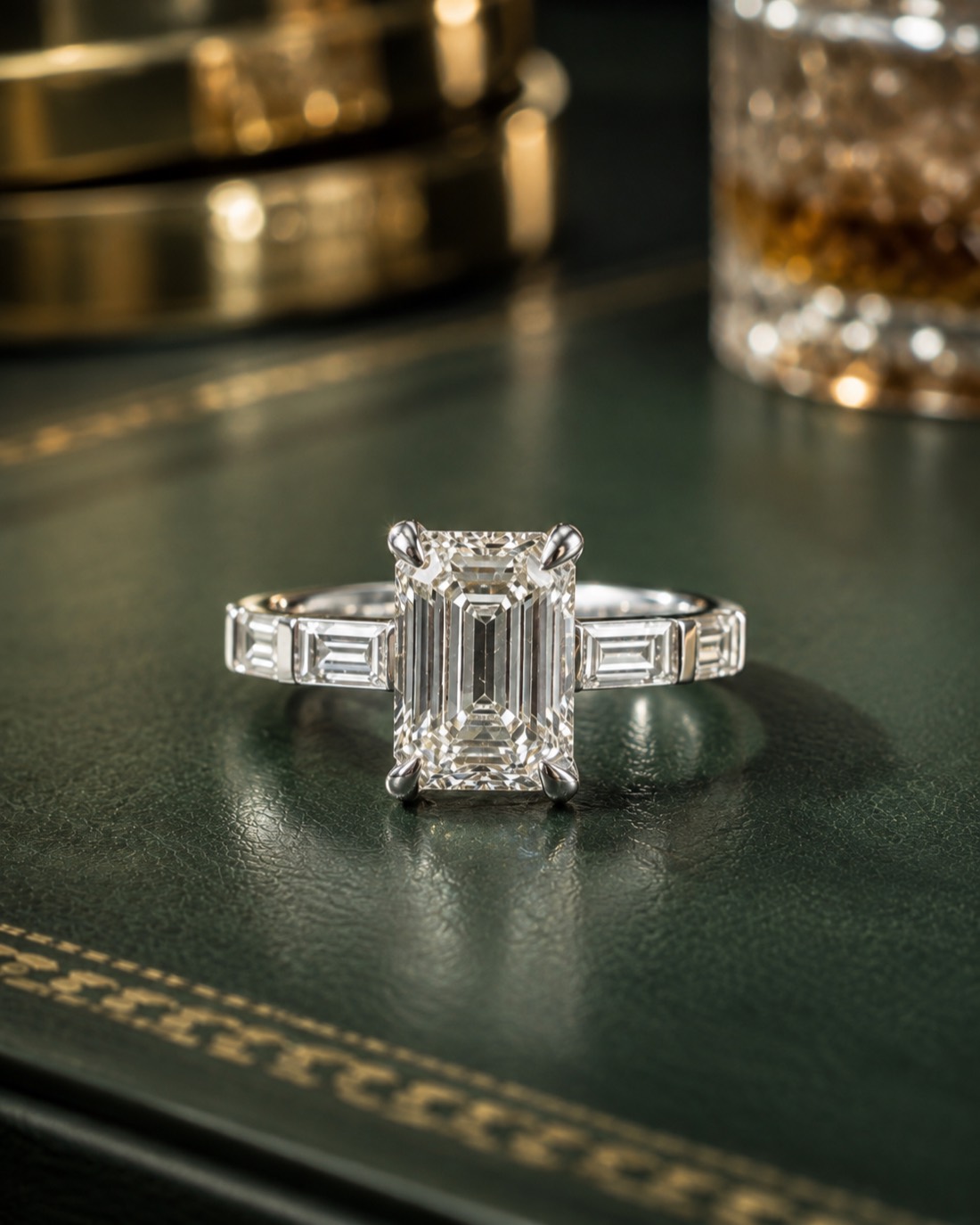 The Regent — an emerald cut diamond engagement ring in platinum with a baguette diamond band